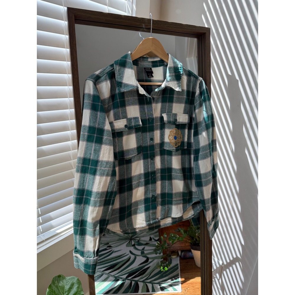 Disney Pixar Brave Flannel Shirt XS Green Plaid Our Universe Patch Embroidered